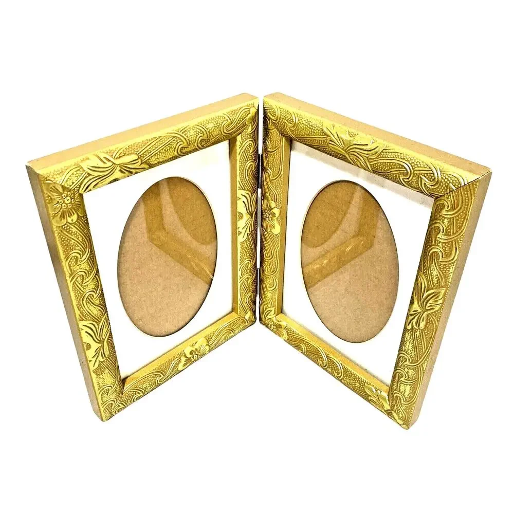 Gold Frame Double Photo Holder Textured Embossed Finish Art Deco Cottage Chic